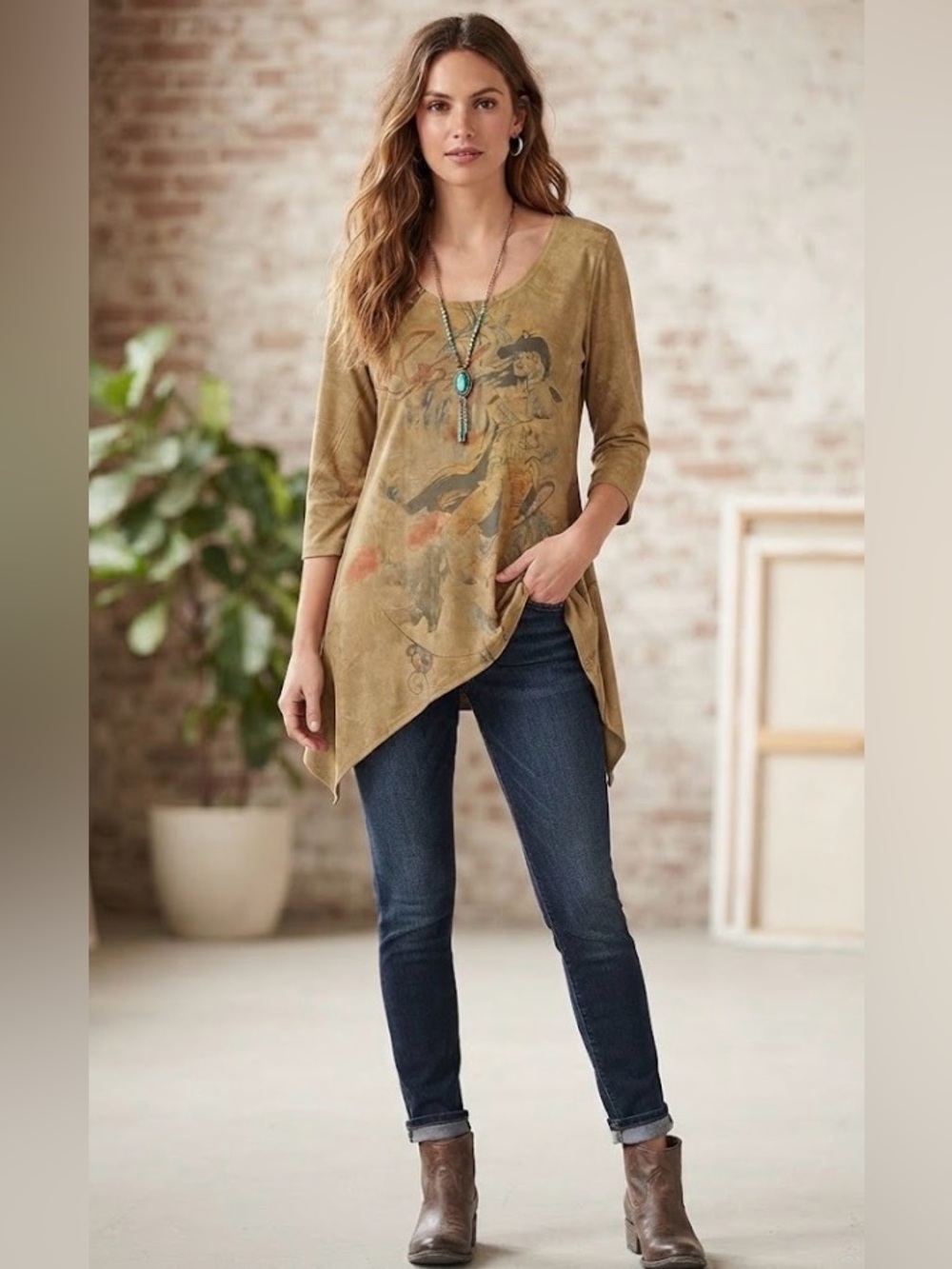 Fantazia Western Faux Suede Graphic Tunic Top